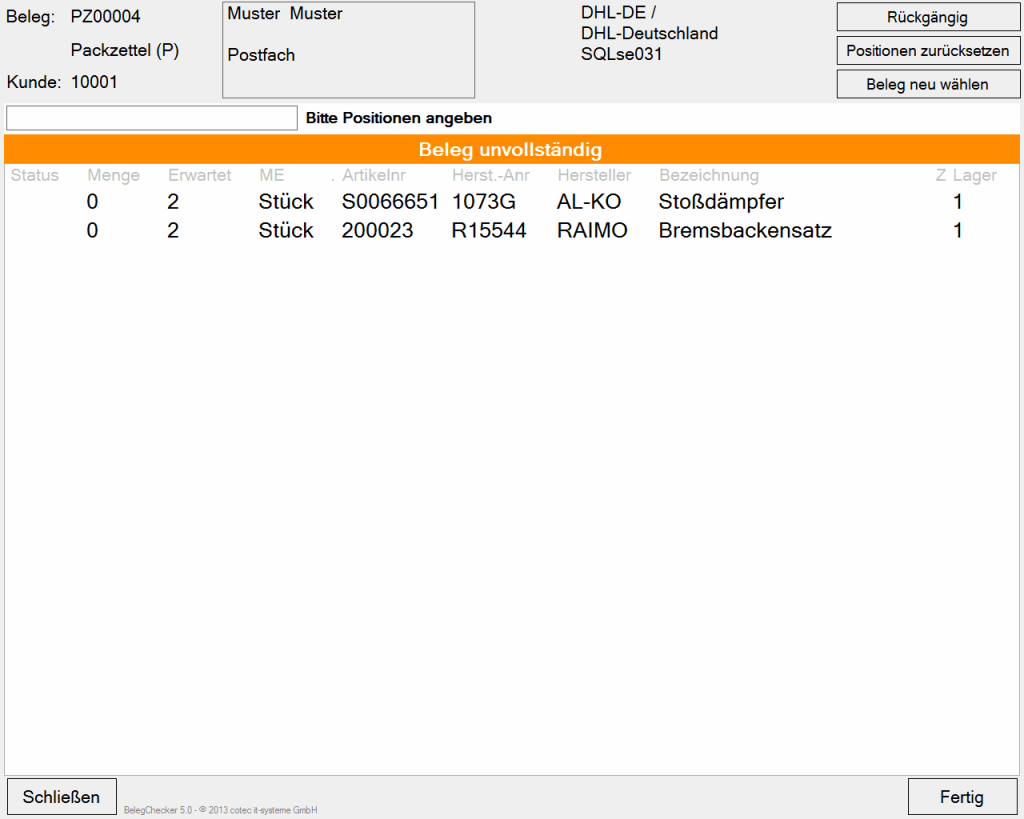 Beleg-Checker SelectLine Erweiterung - Beleg unvollständig